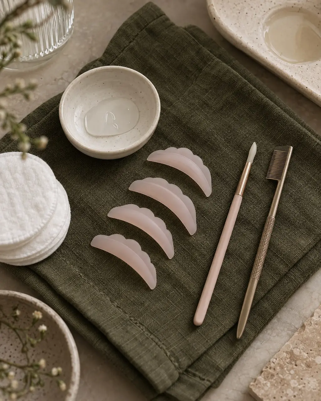 Werkzeug für das Wimpernlifting auf einem olivgrünen Tuch