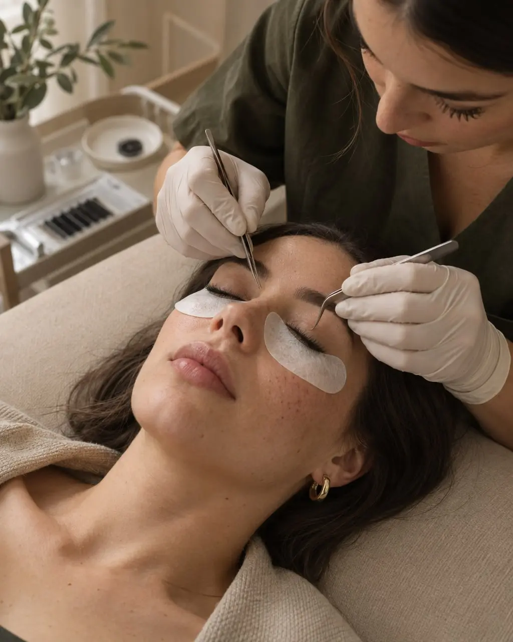 Wimpernlifting bei einer Kundin auf der Liege